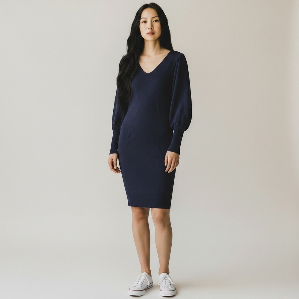 NWT BTFBM Lace Trim Back Detail Puff Sleeve Bodycon Sweater Dress Women S Blue